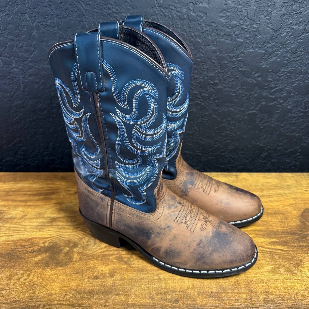 Cody James 41477 Brown Blue Leather Western Cowboy Boots Kids Size 4D